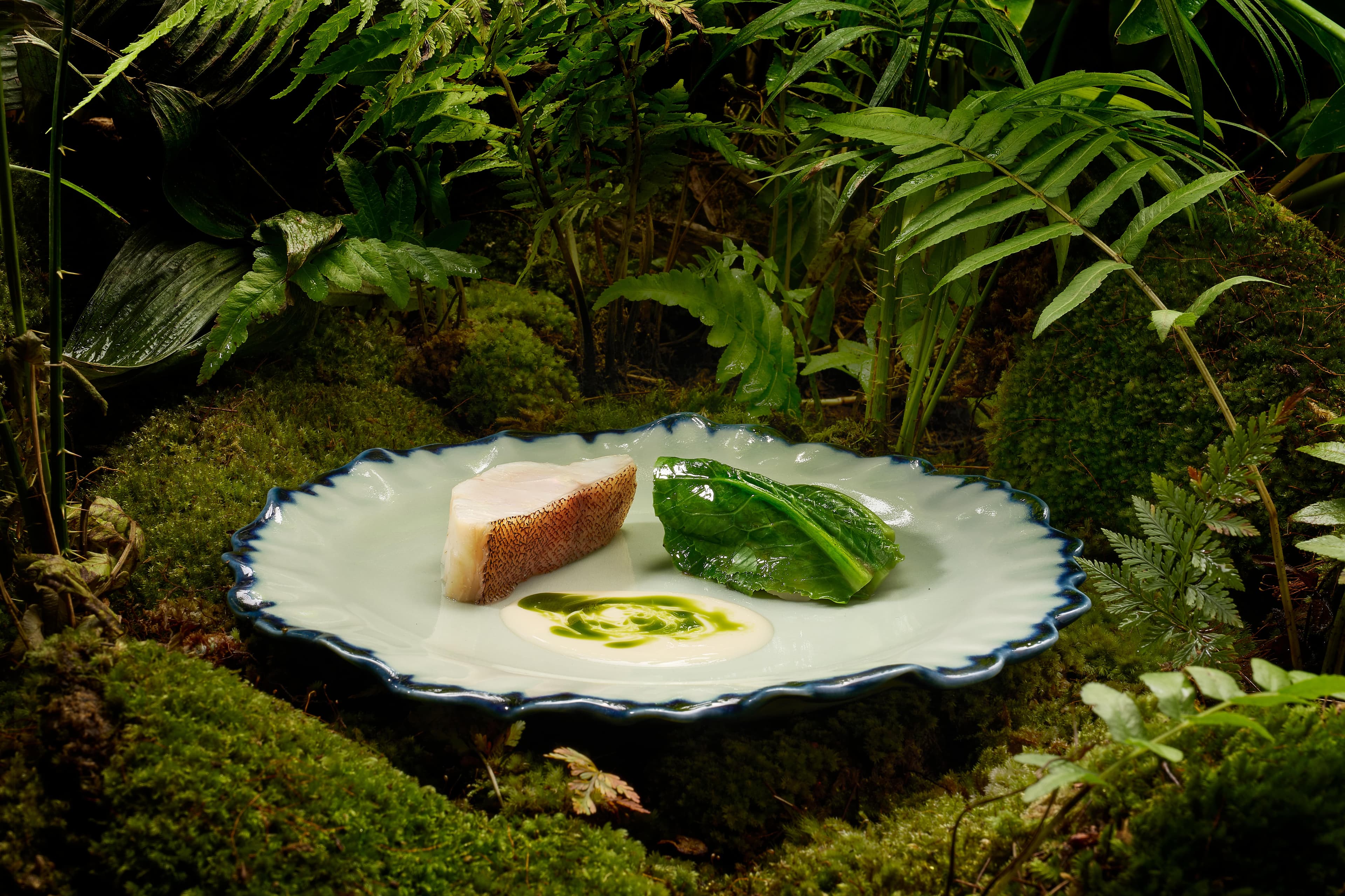A plated course of fish and greens set among ferns