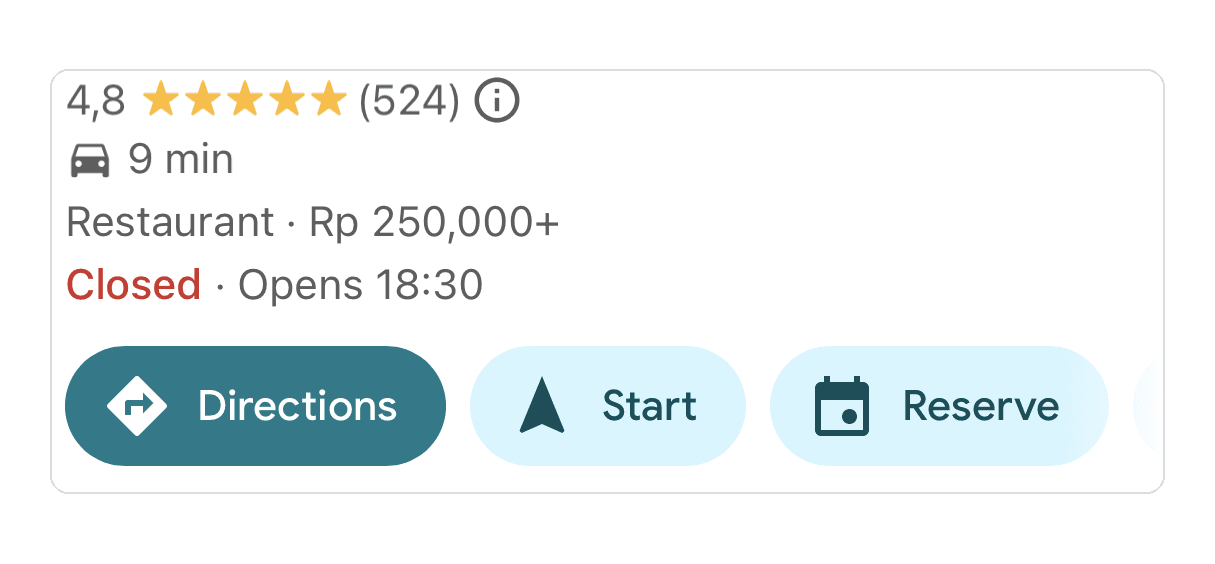 Google Maps listing action row showing the Directions, Start and Reserve buttons