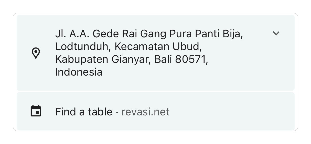 Google Business Profile contact rows showing a Find a table link pointing to revasi.net