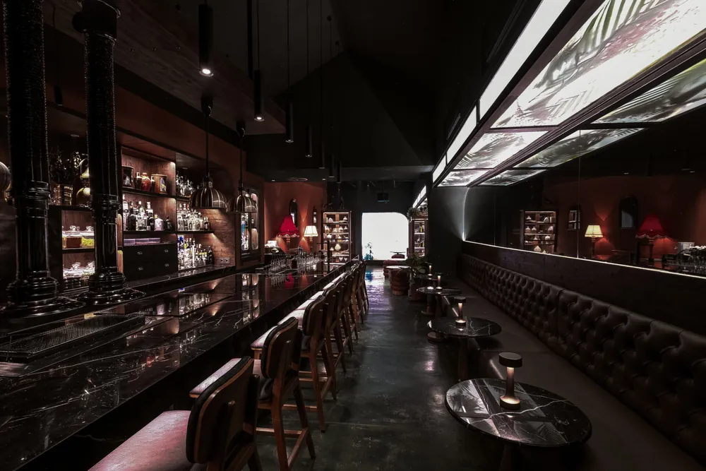 Bar with stools and beautiful lighting